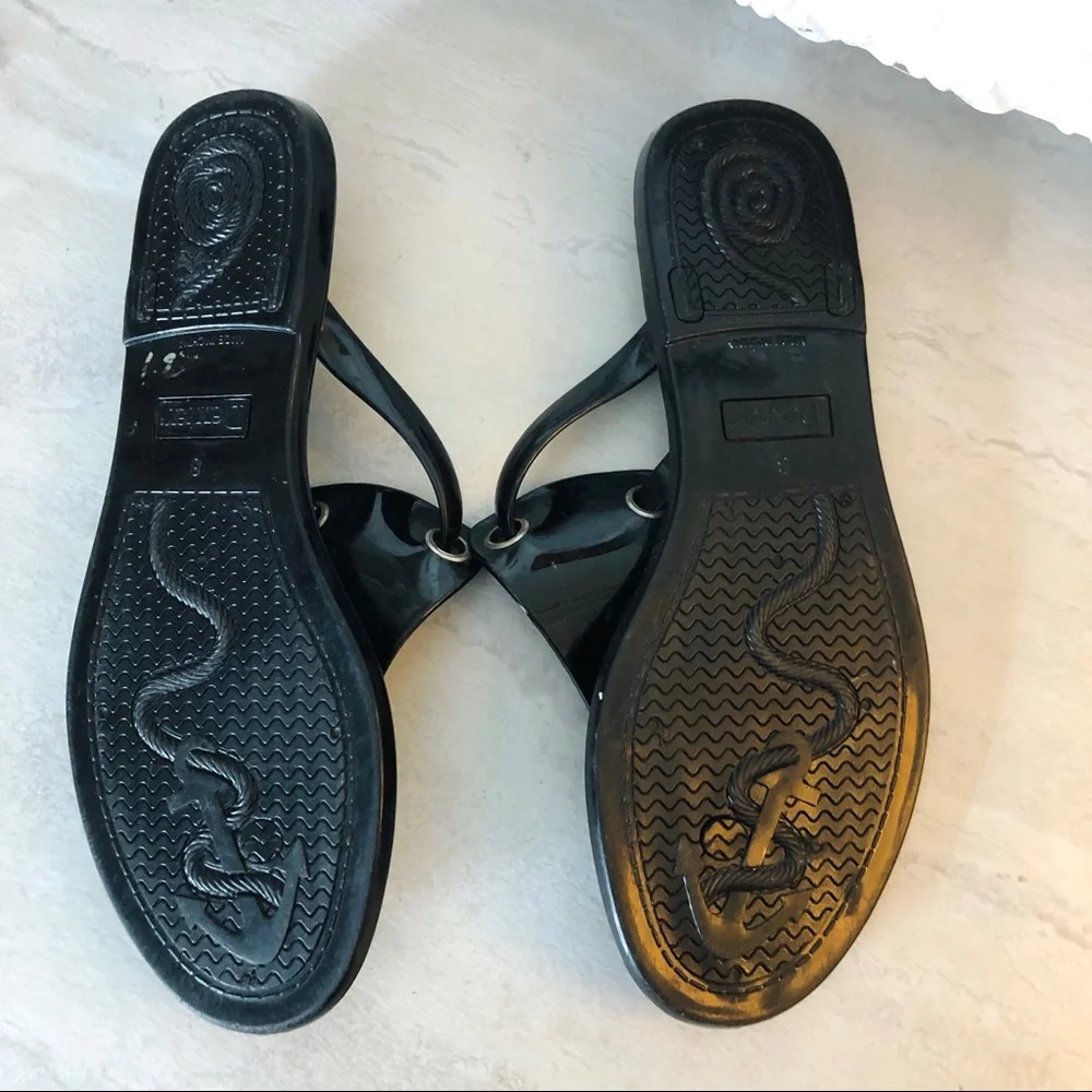 Dexter Black Strappy Thong Sandals with Striped Footbed